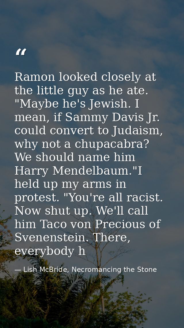 Ramon looked closely at the little guy as he ate. "Maybe he's Jewish. I mean, if Sammy Davis Jr. could convert to Judais — Lish McBride, Necromancing the Stone