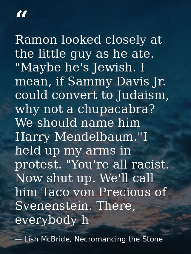 Ramon looked closely at the little guy as he ate. "Maybe he's Jewish. I mean, if Sammy Davis Jr. could convert to Judais — Lish McBride, Necromancing the Stone