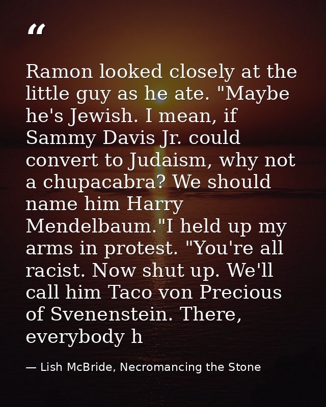 Ramon looked closely at the little guy as he ate. "Maybe he's Jewish. I mean, if Sammy Davis Jr. could convert to Judais — Lish McBride, Necromancing the Stone