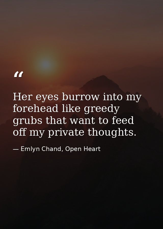 Her eyes burrow into my forehead like greedy grubs that want to feed off my private thoughts. — Emlyn Chand, Open Heart