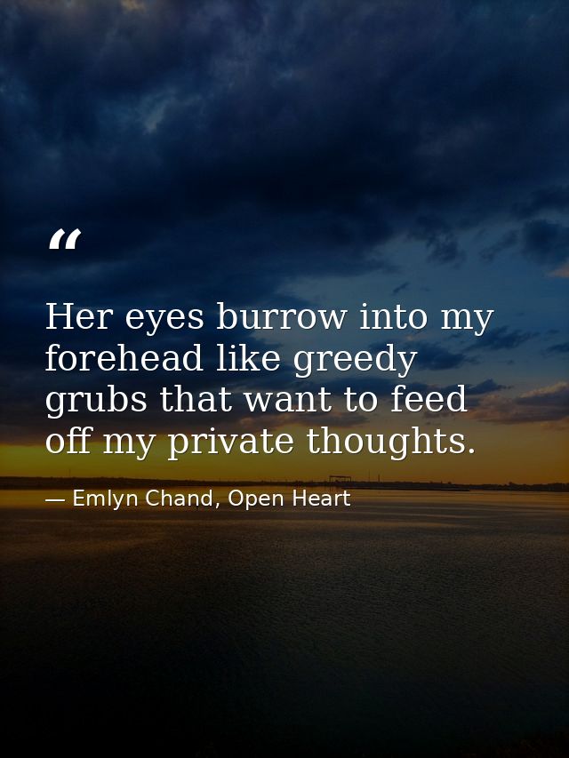 Her eyes burrow into my forehead like greedy grubs that want to feed off my private thoughts. — Emlyn Chand, Open Heart