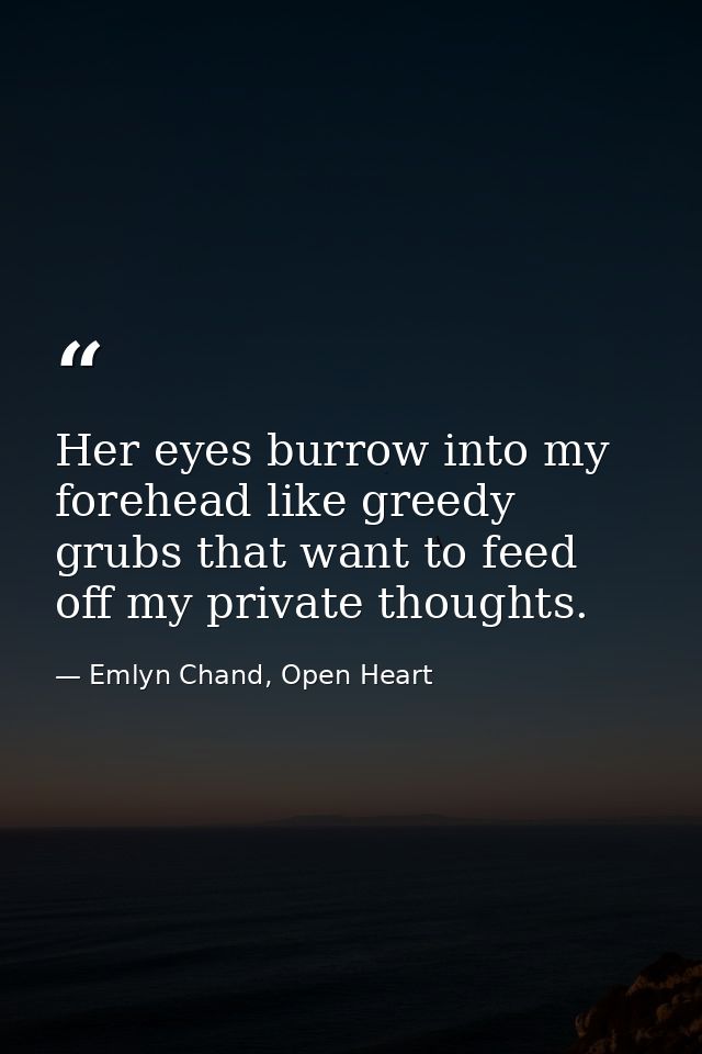 Her eyes burrow into my forehead like greedy grubs that want to feed off my private thoughts. — Emlyn Chand, Open Heart