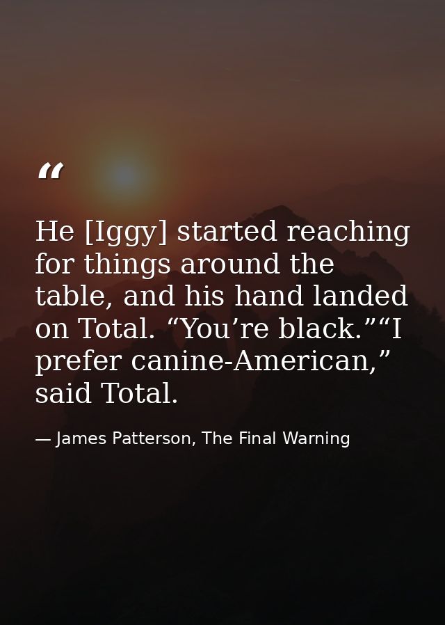 He [Iggy] started reaching for things around the table, and his hand landed on Total. “You’re black.”“I prefer canine-Am — James Patterson, The Final Warning
