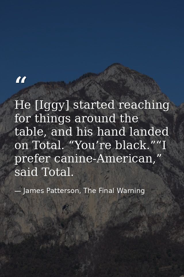 He [Iggy] started reaching for things around the table, and his hand landed on Total. “You’re black.”“I prefer canine-Am — James Patterson, The Final Warning