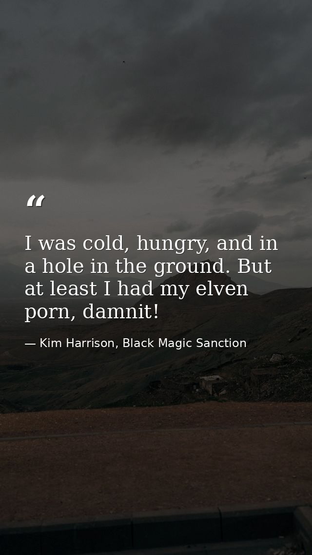 I was cold, hungry, and in a hole in the ground. But at least I had my elven porn, damnit! — Kim Harrison, Black Magic Sanction