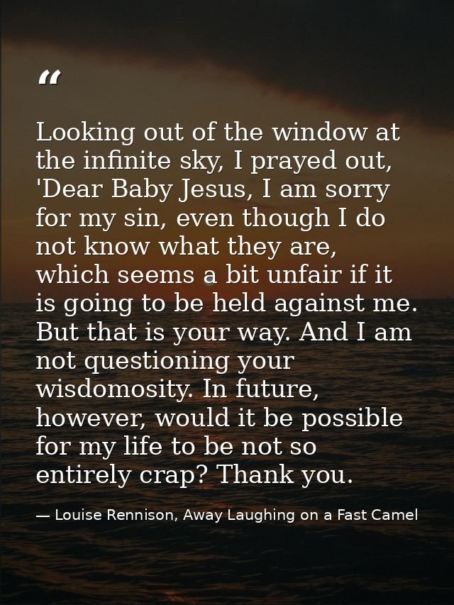 Looking out of the window at the infinite sky, I prayed out, 'Dear Baby Jesus, I am sorry for my sin, even though I do n — Louise Rennison, Away Laughing on a Fast Camel