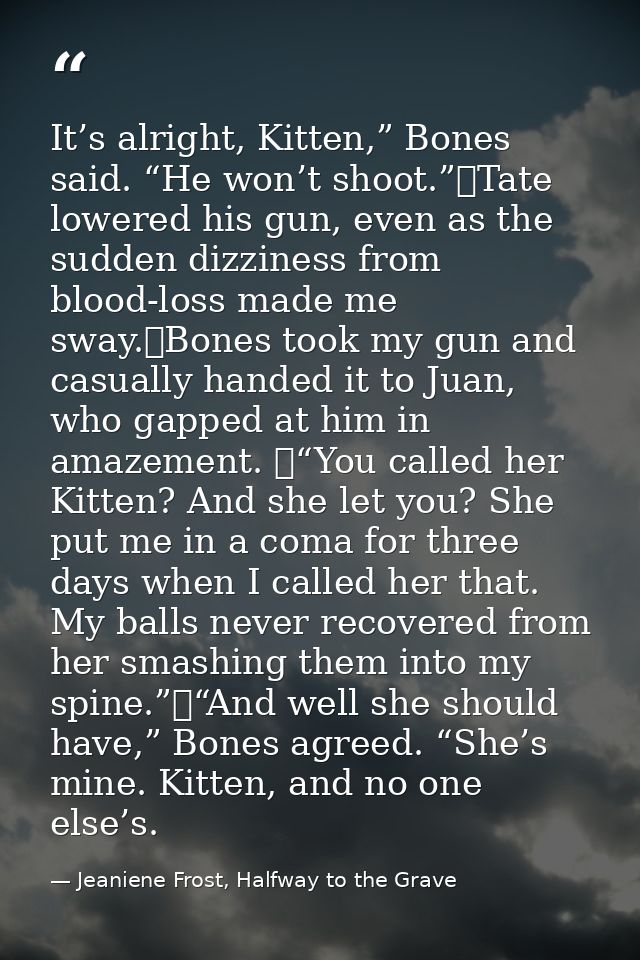 It’s alright, Kitten,” Bones said. “He won’t shoot.”	Tate lowered his gun, even as the sudden dizziness from blood-loss  — Jeaniene Frost, Halfway to the Grave