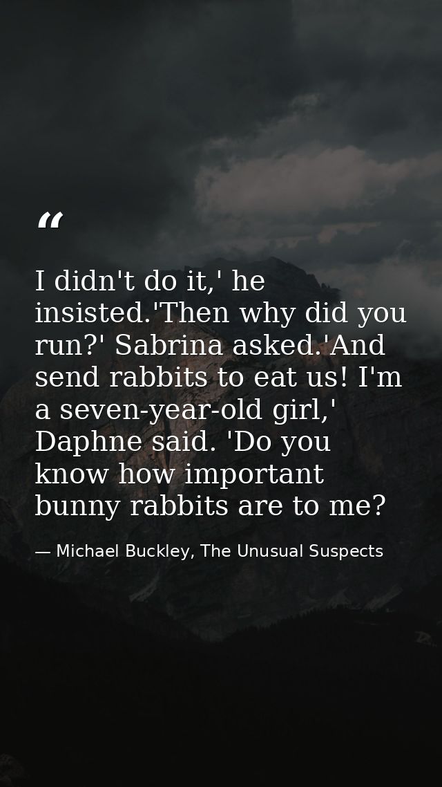 I didn't do it,' he insisted.'Then why did you run?' Sabrina asked.'And send rabbits to eat us! I'm a seven-year-old gir — Michael Buckley, The Unusual Suspects