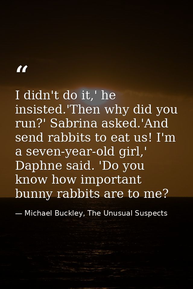 I didn't do it,' he insisted.'Then why did you run?' Sabrina asked.'And send rabbits to eat us! I'm a seven-year-old gir — Michael Buckley, The Unusual Suspects