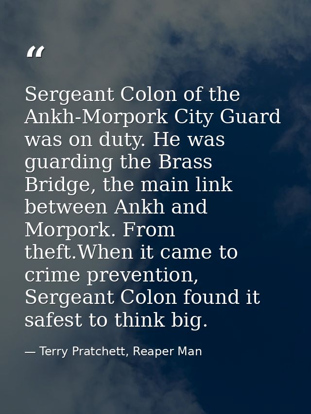 Sergeant Colon of the Ankh-Morpork City Guard was on duty. He was guarding the Brass Bridge, the main link between Ankh  — Terry Pratchett, Reaper Man