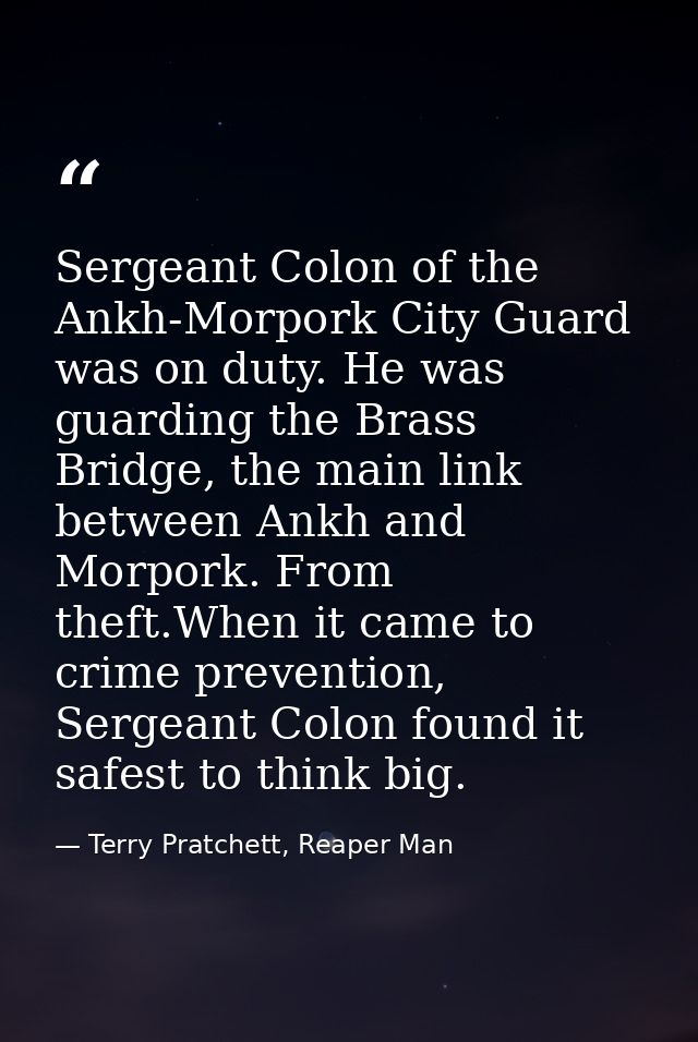 Sergeant Colon of the Ankh-Morpork City Guard was on duty. He was guarding the Brass Bridge, the main link between Ankh  — Terry Pratchett, Reaper Man