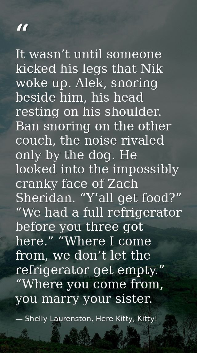 It wasn’t until someone kicked his legs that Nik woke up. Alek, snoring beside him, his head resting on his shoulder. Ba — Shelly Laurenston, Here Kitty, Kitty!