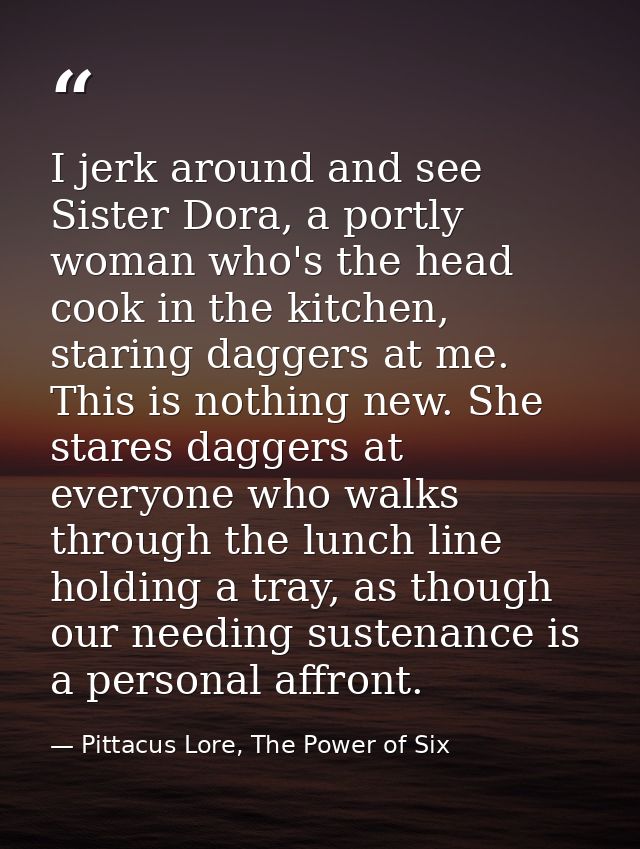 I jerk around and see Sister Dora, a portly woman who's the head cook in the kitchen, staring daggers at me. This is not — Pittacus Lore, The Power of Six