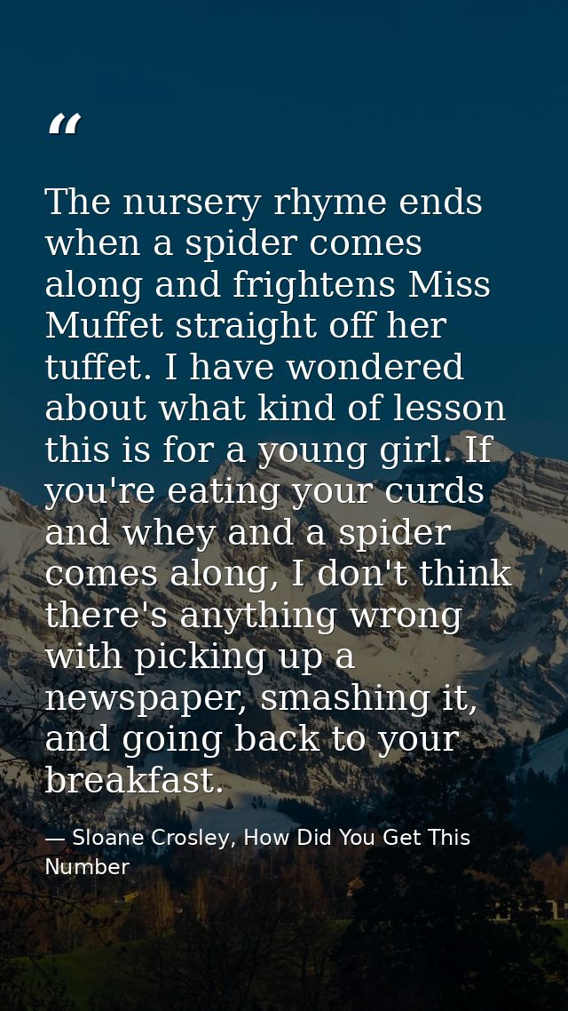 The nursery rhyme ends when a spider comes along and frightens Miss Muffet straight off her tuffet. I have wondered abou — Sloane Crosley, How Did You Get This Number