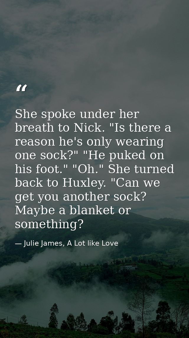 She spoke under her breath to Nick. "Is there a reason he's only wearing one sock?" "He puked on his foot." "Oh." She tu — Julie James, A Lot like Love