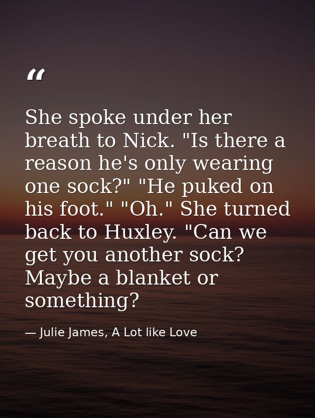 She spoke under her breath to Nick. "Is there a reason he's only wearing one sock?" "He puked on his foot." "Oh." She tu — Julie James, A Lot like Love