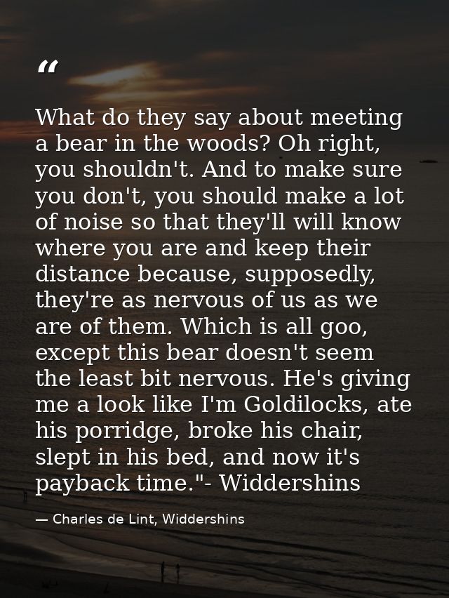 What do they say about meeting a bear in the woods? Oh right, you shouldn't. And to make sure you don't, you should make — Charles de Lint, Widdershins