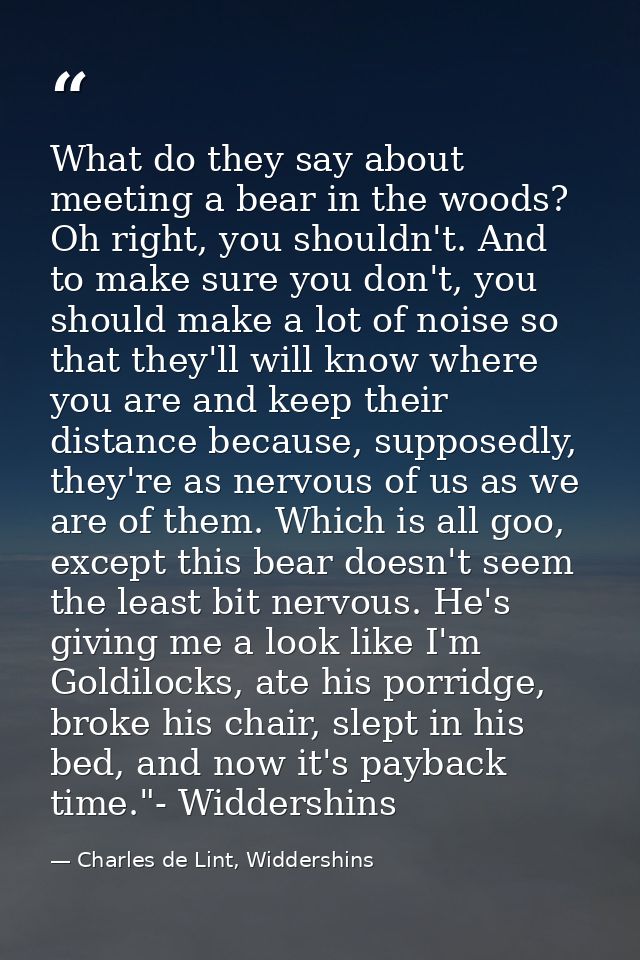 What do they say about meeting a bear in the woods? Oh right, you shouldn't. And to make sure you don't, you should make — Charles de Lint, Widdershins