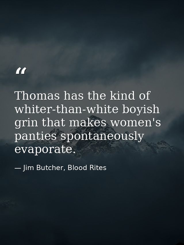 Thomas has the kind of whiter-than-white boyish grin that makes women's panties spontaneously evaporate. — Jim Butcher, Blood Rites