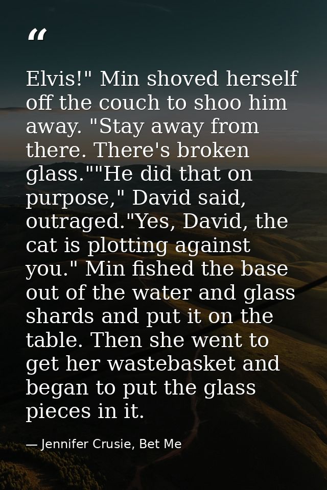 Elvis!" Min shoved herself off the couch to shoo him away. "Stay away from there. There's broken glass.""He did that on  — Jennifer Crusie, Bet Me