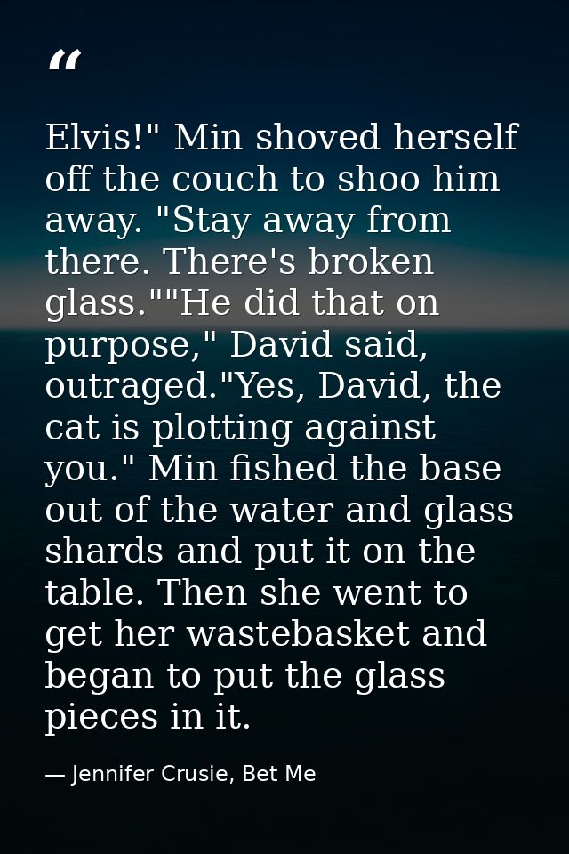 Elvis!" Min shoved herself off the couch to shoo him away. "Stay away from there. There's broken glass.""He did that on  — Jennifer Crusie, Bet Me