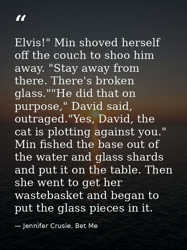 Elvis!" Min shoved herself off the couch to shoo him away. "Stay away from there. There's broken glass.""He did that on  — Jennifer Crusie, Bet Me