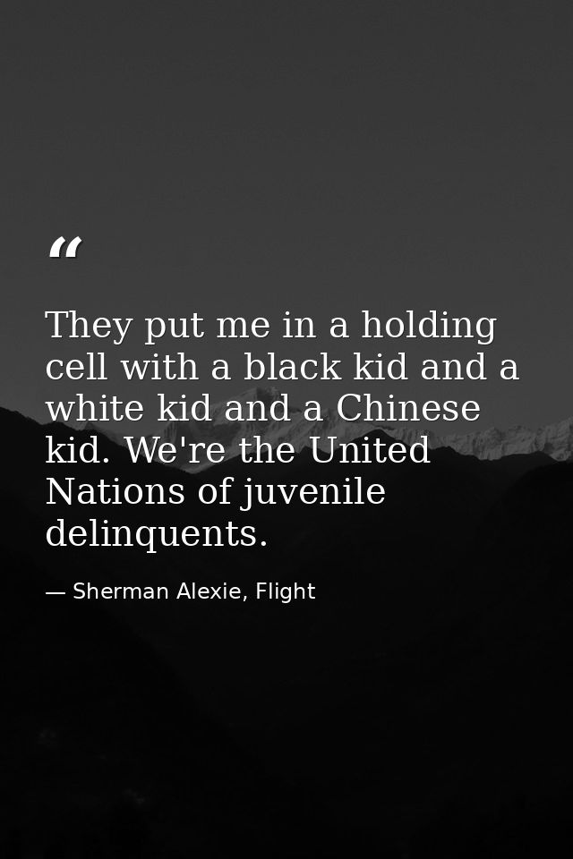 They put me in a holding cell with a black kid and a white kid and a Chinese kid. We're the United Nations of juvenile d — Sherman Alexie, Flight