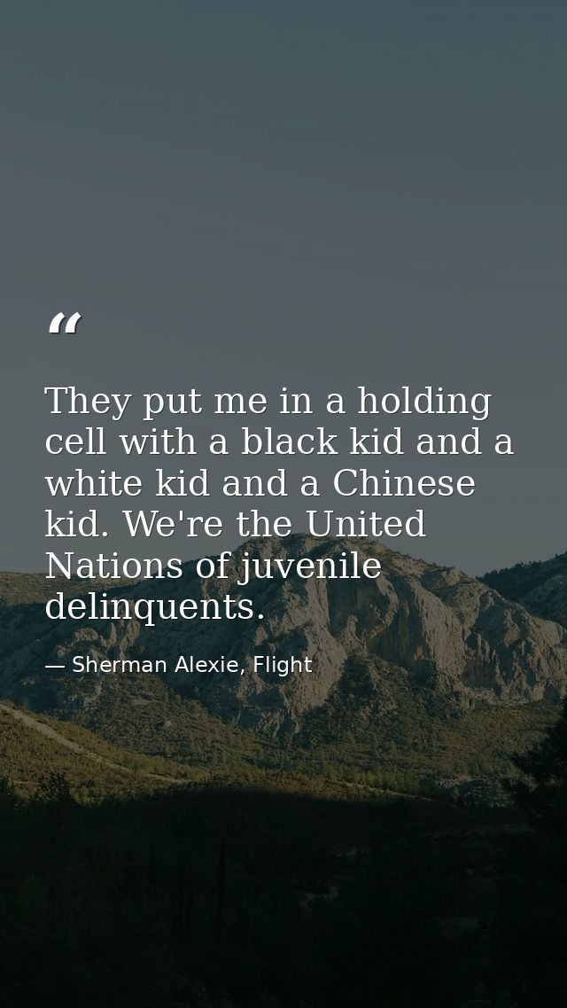 They put me in a holding cell with a black kid and a white kid and a Chinese kid. We're the United Nations of juvenile d — Sherman Alexie, Flight