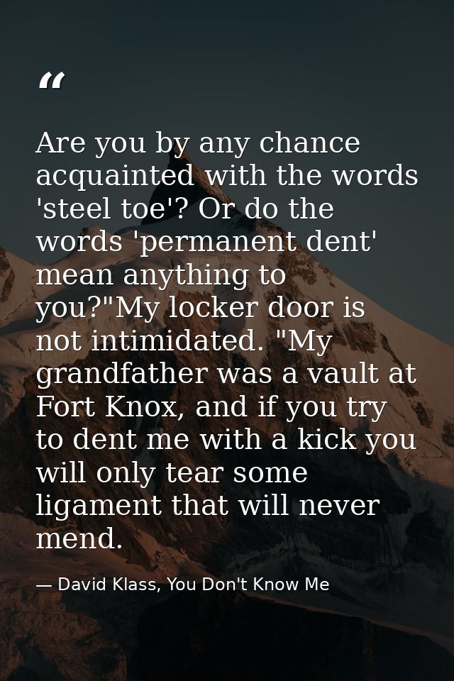 Are you by any chance acquainted with the words 'steel toe'? Or do the words 'permanent dent' mean anything to you?"My l — David Klass, You Don't Know Me