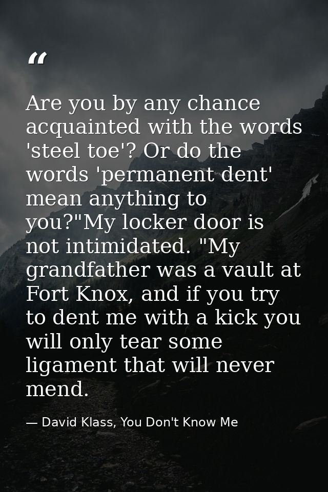 Are you by any chance acquainted with the words 'steel toe'? Or do the words 'permanent dent' mean anything to you?"My l — David Klass, You Don't Know Me