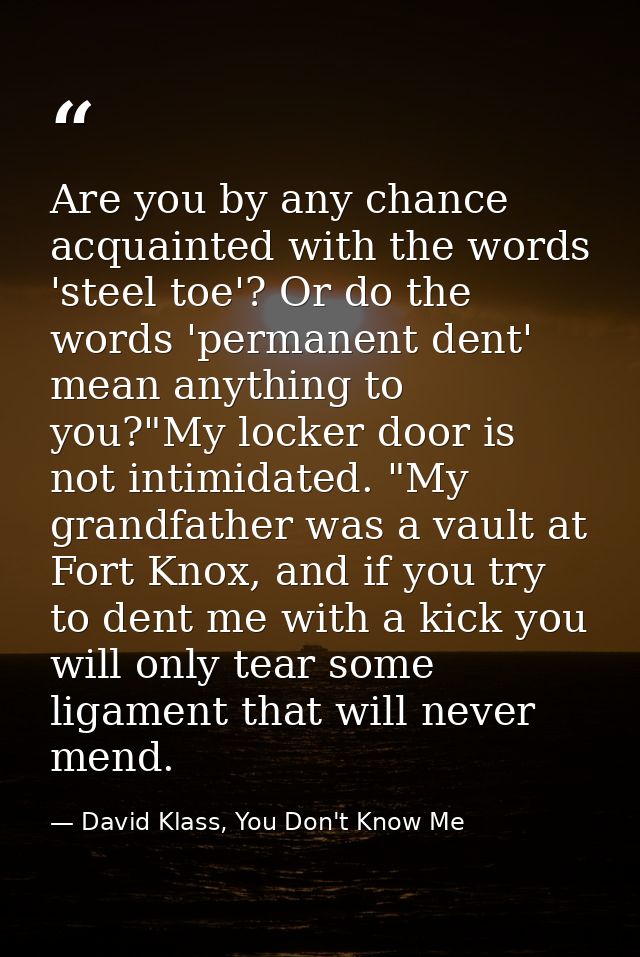 Are you by any chance acquainted with the words 'steel toe'? Or do the words 'permanent dent' mean anything to you?"My l — David Klass, You Don't Know Me