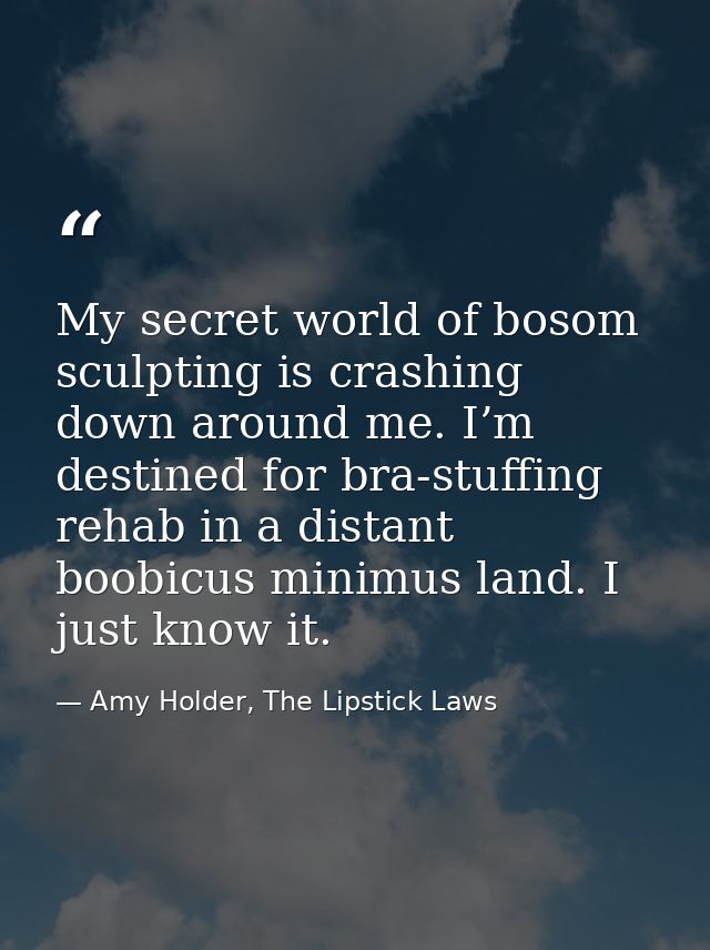 My secret world of bosom sculpting is crashing down around me. I’m destined for bra-stuffing rehab in a distant boobicus — Amy Holder, The Lipstick Laws