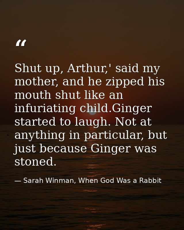 Shut up, Arthur,' said my mother, and he zipped his mouth shut like an infuriating child.Ginger started to laugh. Not at — Sarah Winman, When God Was a Rabbit