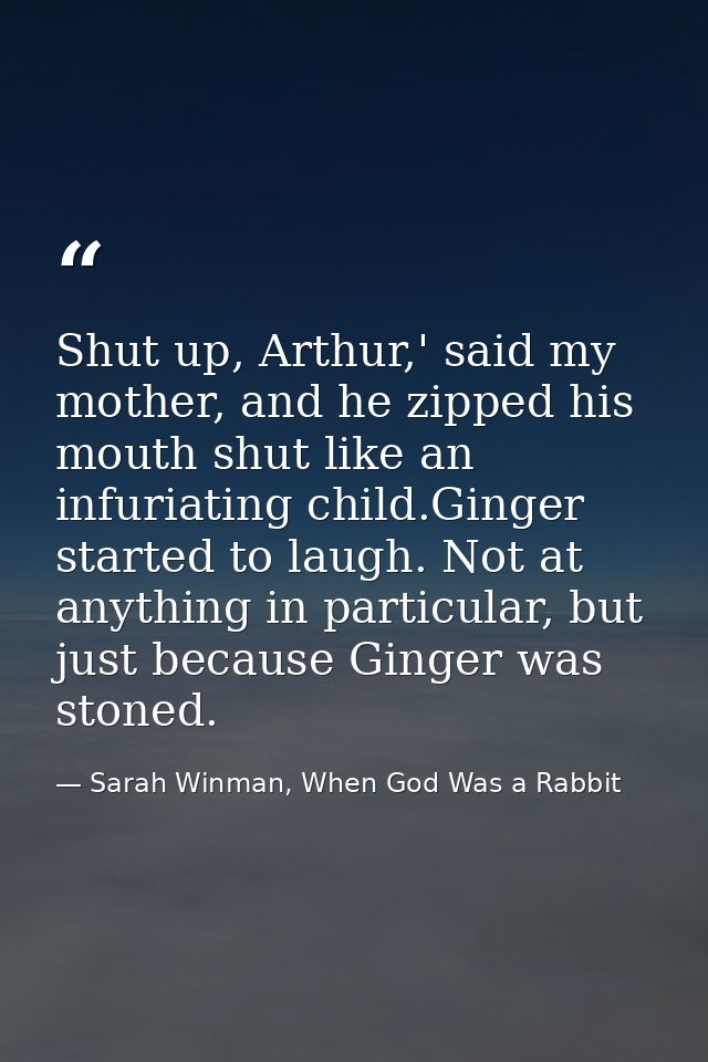 Shut up, Arthur,' said my mother, and he zipped his mouth shut like an infuriating child.Ginger started to laugh. Not at — Sarah Winman, When God Was a Rabbit