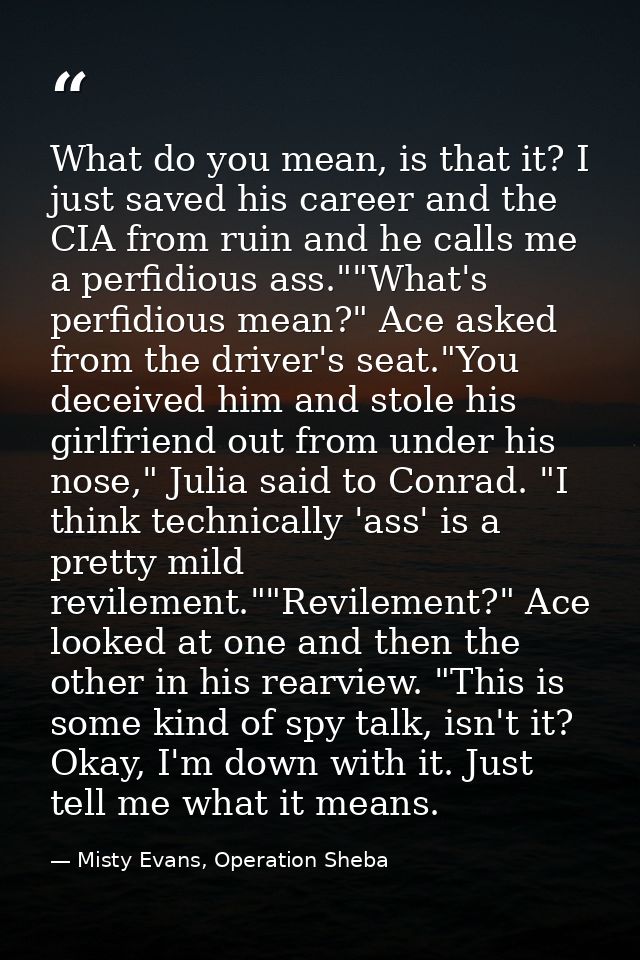 What do you mean, is that it? I just saved his career and the CIA from ruin and he calls me a perfidious ass.""What's pe — Misty Evans, Operation Sheba