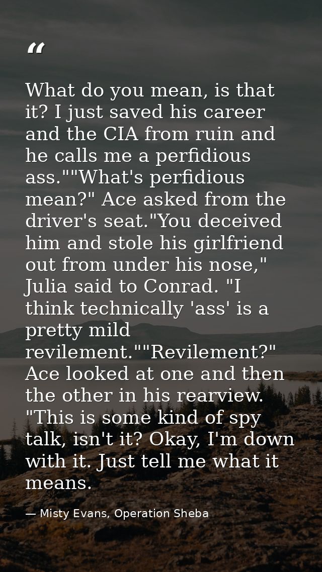 What do you mean, is that it? I just saved his career and the CIA from ruin and he calls me a perfidious ass.""What's pe — Misty Evans, Operation Sheba