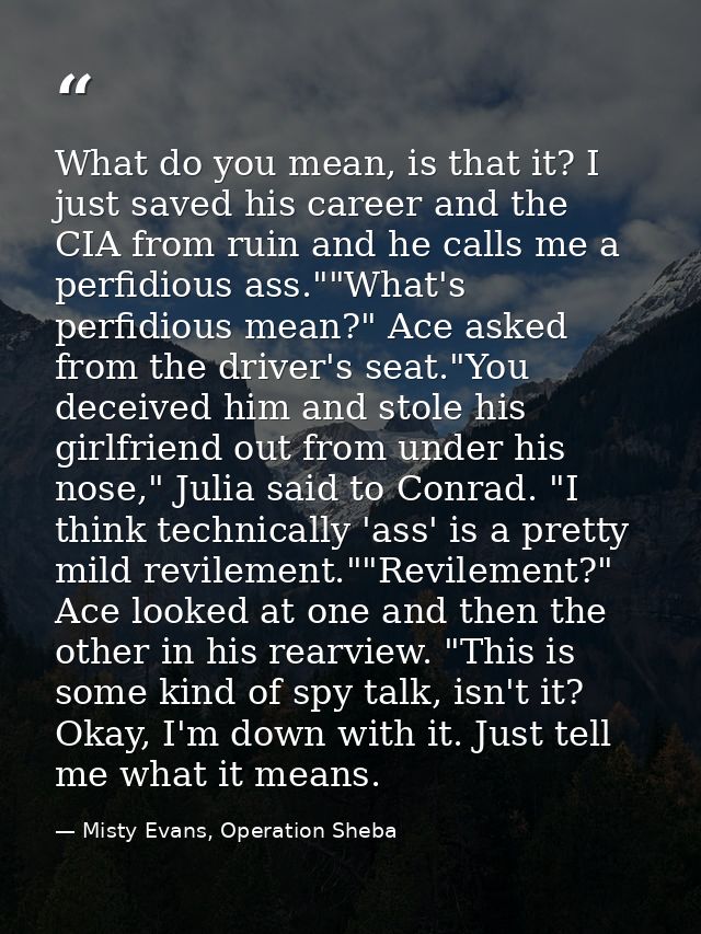 What do you mean, is that it? I just saved his career and the CIA from ruin and he calls me a perfidious ass.""What's pe — Misty Evans, Operation Sheba
