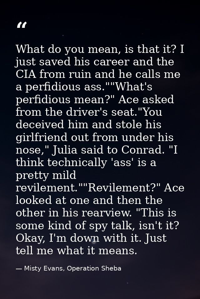 What do you mean, is that it? I just saved his career and the CIA from ruin and he calls me a perfidious ass.""What's pe — Misty Evans, Operation Sheba
