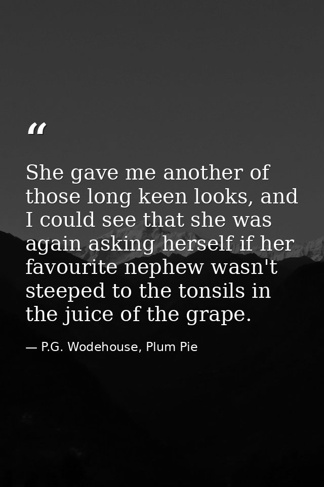 She gave me another of those long keen looks, and I could see that she was again asking herself if her favourite nephew  — P.G. Wodehouse, Plum Pie