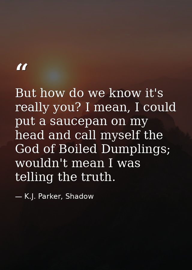 But how do we know it's really you? I mean, I could put a saucepan on my head and call myself the God of Boiled Dumpling — K.J. Parker, Shadow
