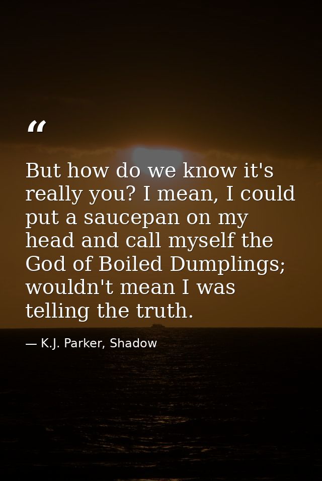 But how do we know it's really you? I mean, I could put a saucepan on my head and call myself the God of Boiled Dumpling — K.J. Parker, Shadow