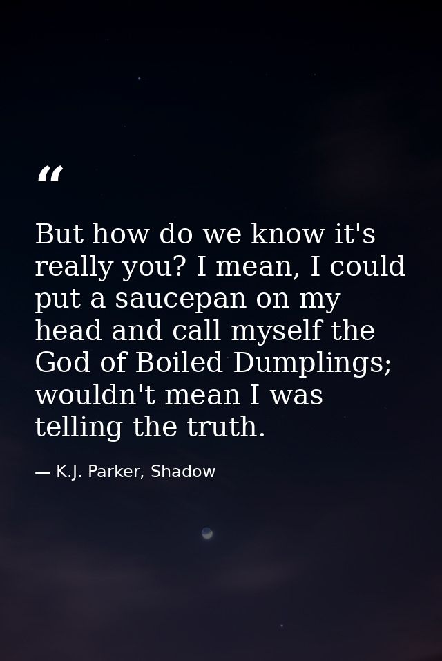 But how do we know it's really you? I mean, I could put a saucepan on my head and call myself the God of Boiled Dumpling — K.J. Parker, Shadow