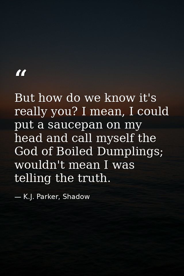 But how do we know it's really you? I mean, I could put a saucepan on my head and call myself the God of Boiled Dumpling — K.J. Parker, Shadow