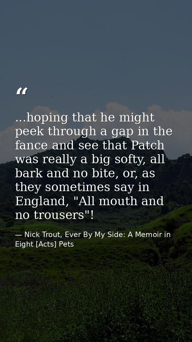 ...hoping that he might peek through a gap in the fance and see that Patch was really a big softy, all bark and no bite, — Nick Trout, Ever By My Side: A Memoir in Eight [Acts] Pets