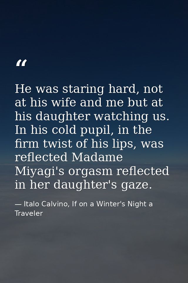 He was staring hard, not at his wife and me but at his daughter watching us. In his cold pupil, in the firm twist of his — Italo Calvino, If on a Winter's Night a Traveler