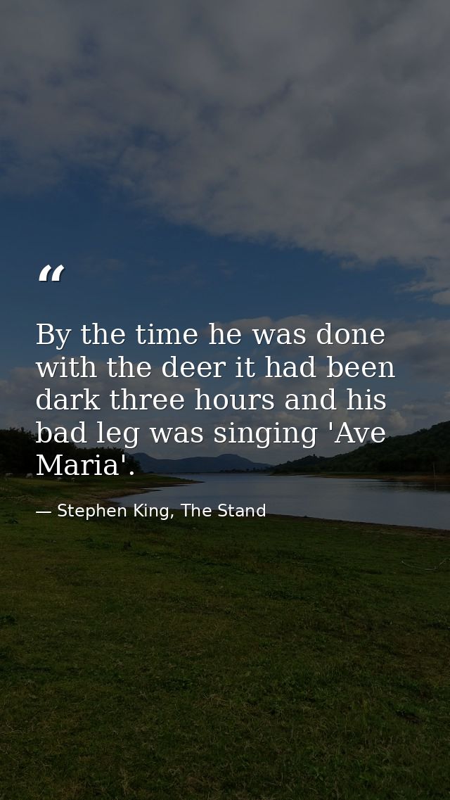 By the time he was done with the deer it had been dark three hours and his bad leg was singing 'Ave Maria'. — Stephen King, The Stand