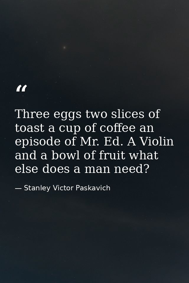 Three eggs two slices of toast a cup of coffee an episode of Mr. Ed. A Violin and a bowl of fruit what else does a man n — Stanley Victor Paskavich