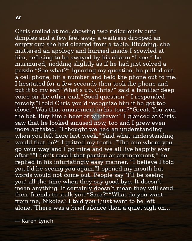 Chris smiled at me, showing two ridiculously cute dimples and a few feet away a waitress dropped an empty cup she had cl — Karen Lynch