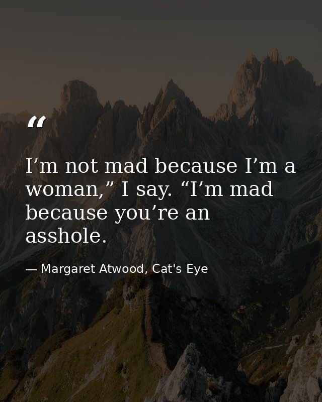 I’m not mad because I’m a woman,” I say. “I’m mad because you’re an asshole. — Margaret Atwood, Cat's Eye