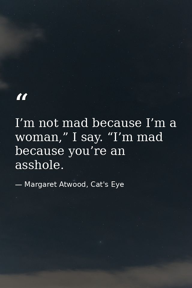 I’m not mad because I’m a woman,” I say. “I’m mad because you’re an asshole. — Margaret Atwood, Cat's Eye